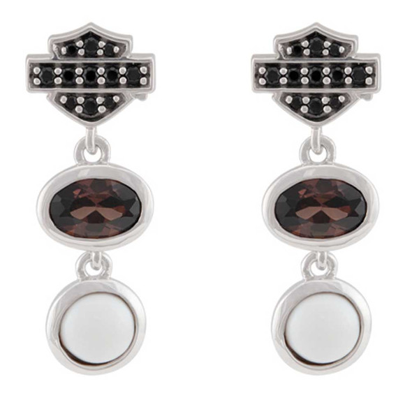 Harley-Davidson Women's Two Stone Cluster B&S Drop Earrings, Sterling Silver - Wisconsin Harley-Davidson