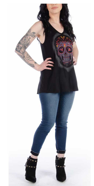 Dreamskull Women's Sugar Skull Printed Racerback Tank Top - Sleeveless Camisole, One Size