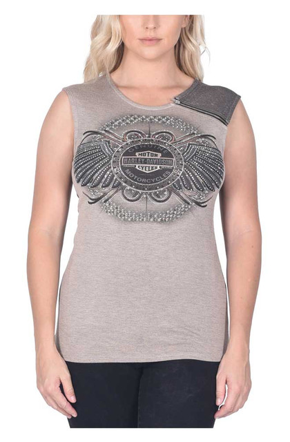Harley-Davidson Women's Embellished Winged B&S Scoop Neck Sleeveless Tank Top - Wisconsin Harley-Davidson