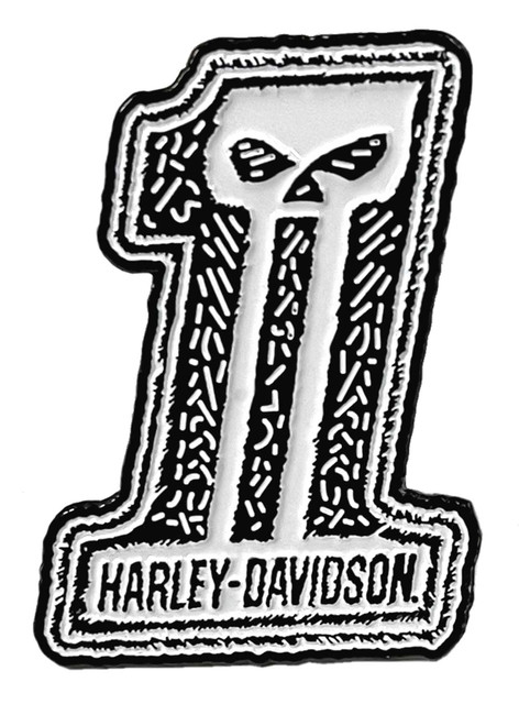 Harley-Davidson 1.25 in. Distressed Dark Custom #1 Skull Metal Pin, White Finish - Wisconsin Harley-Davidson