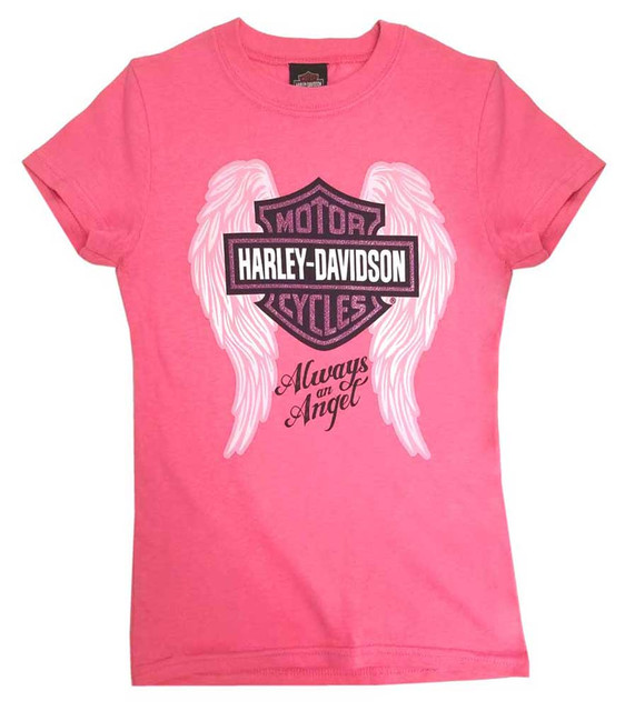 Harley-Davidson Big Girls' Glittery Always An Angel Short Sleeve T-Shirt - Pink - Wisconsin Harley-Davidson