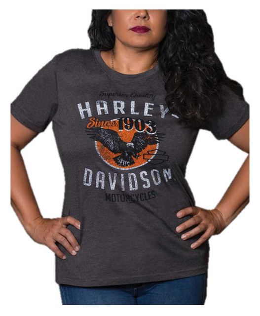 Harley-Davidson Women's Distressed Eagle Scoop Neck Short Sleeve Poly-Blend Tee - Wisconsin Harley-Davidson
