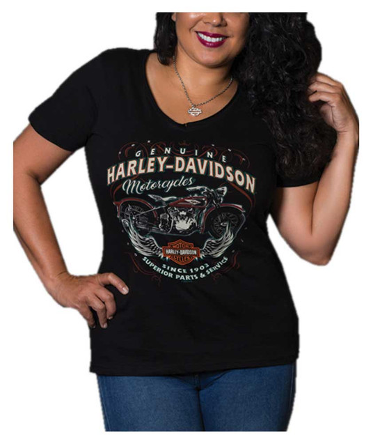 Harley-Davidson Women's Embellished Angel V-Neck Short Sleeve Tee, Black - Wisconsin Harley-Davidson