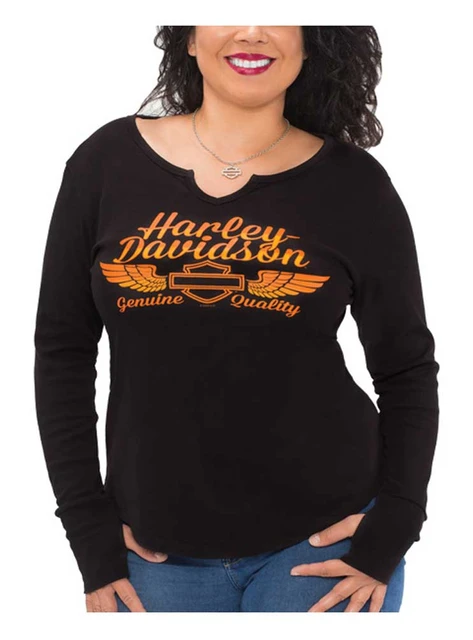Harley-Davidson Women's Bright H-D Notched V-Neck Long Sleeve Shirt, Black - Wisconsin Harley-Davidson