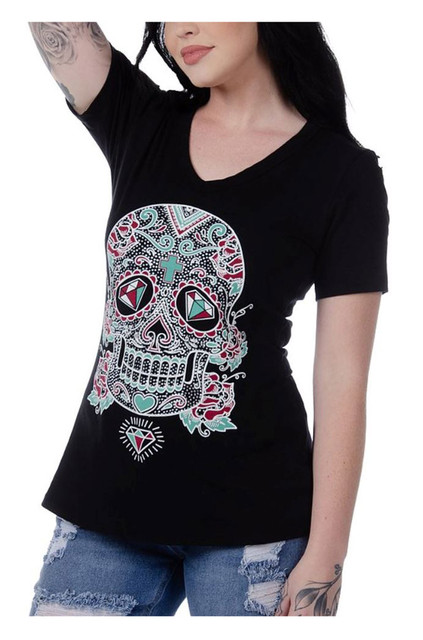 Liberty Wear Women's Embellished Sweet & Sassy Skull Short Sleeve Tee - Black - Wisconsin Harley-Davidson
