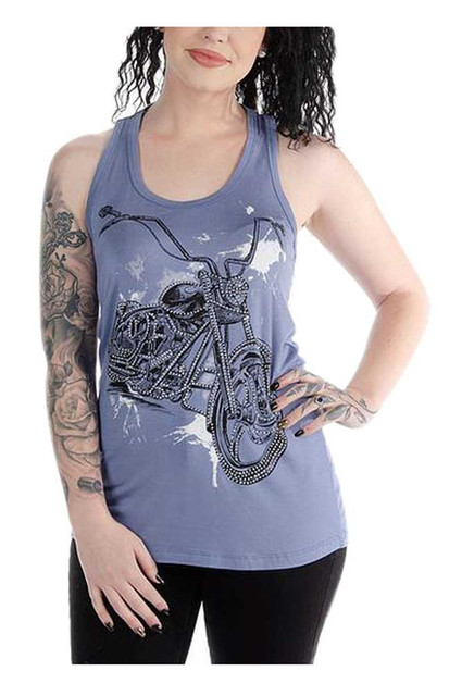 Liberty Wear Women's Twisted Splatter Bike Embellished Sleeveless Tank Top, Blue - Wisconsin Harley-Davidson