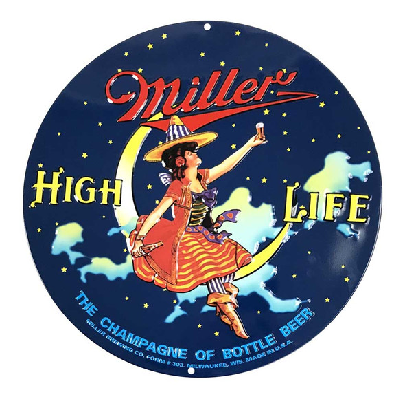 Ande Rooney Embossed Miller High Life Beer Round Bar Tin Sign - 14 inch. - Wisconsin Harley-Davidson