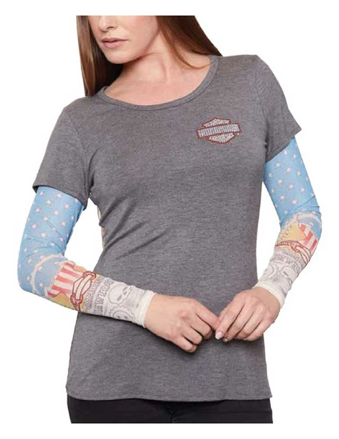 Harley-Davidson Women's Rhinestone American Tattoo Mesh Long Sleeve Shirt - Gray - Wisconsin Harley-Davidson