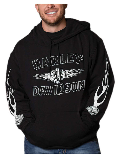 Harley-Davidson Men's Ghosted Flames Pullover Poly-Blend Fleece Hoodie, Black - Wisconsin Harley-Davidson