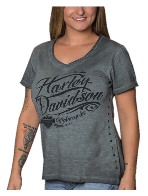 Harley-Davidson Women's Script Sensation V-Neck Short Sleeve Cotton Tee, Gray - Wisconsin Harley-Davidson