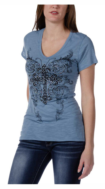 Liberty Wear Women's Embellished Ryder Short Sleeve V-Neck Tee - Dusty Blue - Wisconsin Harley-Davidson