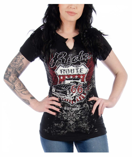 Liberty Wear Women's Kicks on Route 66 Embellished Short Sleeve Tee - Black - Wisconsin Harley-Davidson