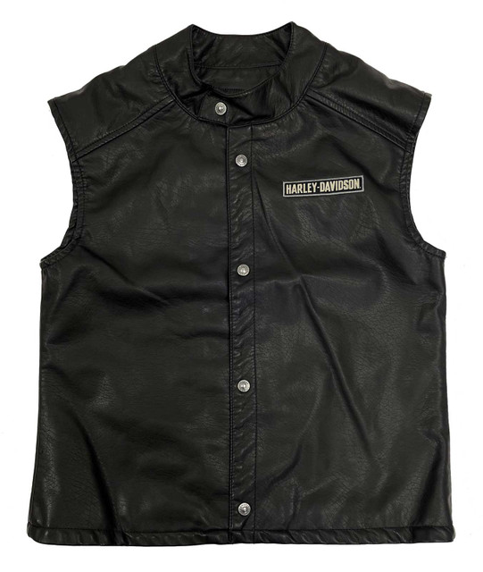 Harley-Davidson Little Boys' Embroidered Patches Snap Faux Leather Vest - Black - Wisconsin Harley-Davidson