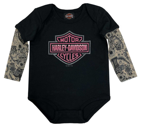 Harley-Davidson Baby Girls' Glitter B&S Mesh Tattoo Long Sleeve Creeper - Black - Wisconsin Harley-Davidson