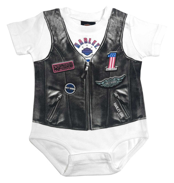 Harley-Davidson Baby Girls' Faux Leather Vest Short Sleeve Creeper - White - Wisconsin Harley-Davidson