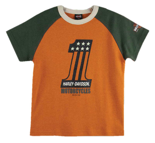 Harley-Davidson Little Boys' #1 Logo Short Sleeve Raglan Knit Tee - Orange/Green - Wisconsin Harley-Davidson