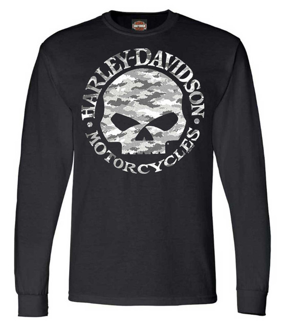 Harley-Davidson Men's Camo Willie G Skull Long Sleeve Crew-Neck Shirt - Black - Wisconsin Harley-Davidson
