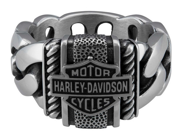 Harley-Davidson Men's Bar & Shield Curb Link Stainless Steel Metal Ring, Silver - Wisconsin Harley-Davidson