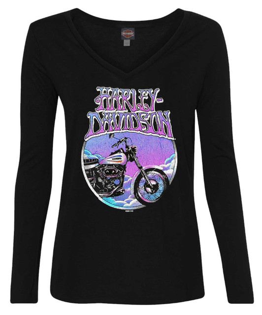Harley-Davidson Women's Retro Bike Long Sleeve Deep V-Neck Shirt - Black - Wisconsin Harley-Davidson