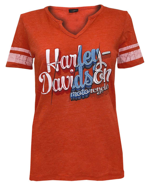 Harley-Davidson Women's Genuine Fury Short Sleeve Notched V-Neck Tee - Orange - Wisconsin Harley-Davidson