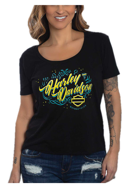 Harley-Davidson Women's Vogue Scoop Neck Short Sleeve Poly-Blend Tee, Black - Wisconsin Harley-Davidson