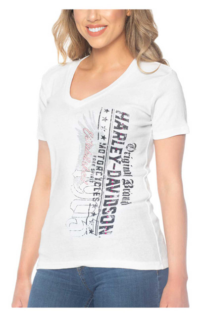 Harley-Davidson Women's Vertical Stones Short Sleeve V-Neck Cotton Tee, White - Wisconsin Harley-Davidson
