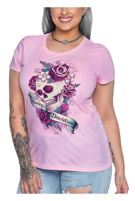 Harley-Davidson Women's Rhinestone Skull & Roses Scoop Neck Short Sleeve Tee - Wisconsin Harley-Davidson