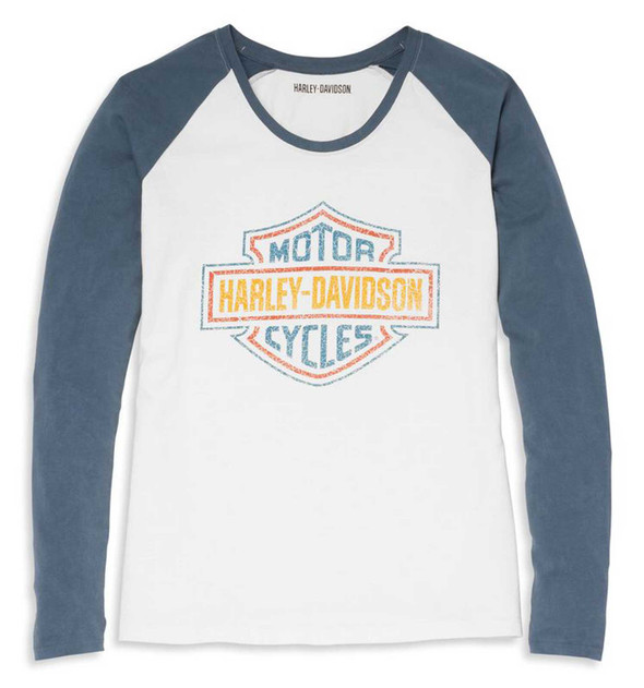 Harley-Davidson Women's Bar & Shield Raglan Sleeve Baseball Hem Tee 96075-22VW - Wisconsin Harley-Davidson