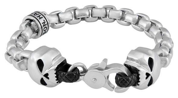 Harley-Davidson Men's Steel Rolo Chain Double Skull Metal Bracelet - Silver - Wisconsin Harley-Davidson