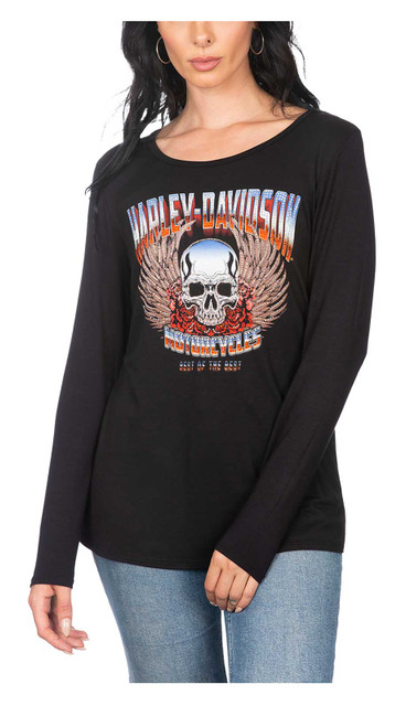Harley-Davidson Women's Wild Rose Embellished Scoop Neck Long Sleeve Top - Black - Wisconsin Harley-Davidson