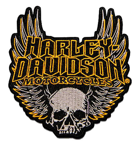 Harley-Davidson 4.5in. Woven Winged Skull Emblem Sew-On Patch - Black/Orange - Wisconsin Harley-Davidson