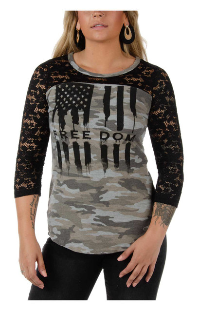 Liberty Wear Women's Bleeding Freedom Flag 3/4 Lace Sleeves Thermal Top - Camo - Wisconsin Harley-Davidson