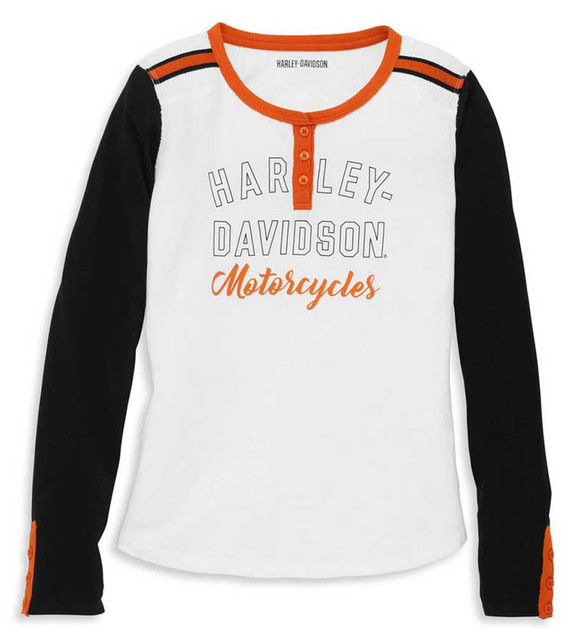 Harley-Davidson Women's Iconic Raw Edge Button Detail Henley Shirt 96080-22VW - Wisconsin Harley-Davidson