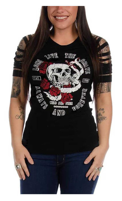 Liberty Wear Women's Embellished Brave Skull Laser Cut Short Sleeve Tee, Black - Wisconsin Harley-Davidson