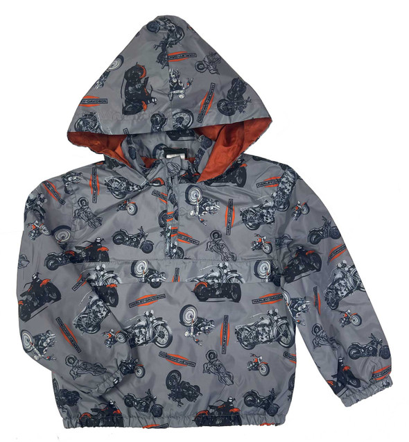 Harley-Davidson Little Boys' 1/4-Zip Motorcycle Printed Hooded Windbreaker, Gray - Wisconsin Harley-Davidson