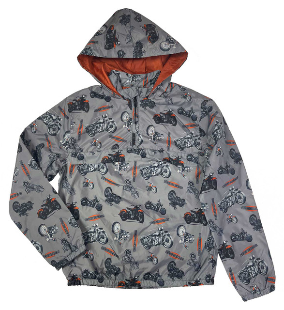 Harley-Davidson Big Boys' 1/4-Zip Motorcycle Printed Hooded Windbreaker, Gray - Wisconsin Harley-Davidson