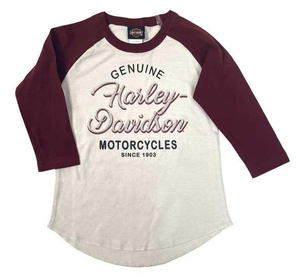 Harley-Davidson Big Girls' Glittery H-D Raglan 3/4 Sleeve Tee - Cream/Burgundy - Wisconsin Harley-Davidson