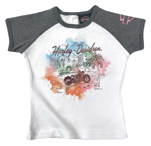 Harley-Davidson Baby Girls' Glittery Raglan Short Sleeve Infant Tee, White/Gray - Wisconsin Harley-Davidson
