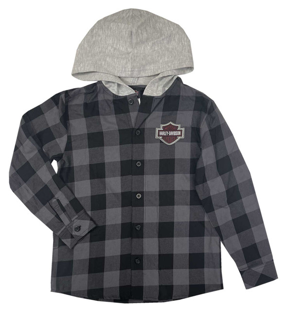 Harley-Davidson Big Boys' B&S Logo Hooded Plaid Flannel Shirt - Gray/Black - Wisconsin Harley-Davidson