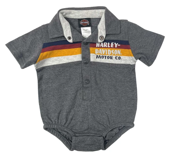 Harley-Davidson Baby Boys' Striped Workshop Short Sleeve Infant Creeper - Gray - Wisconsin Harley-Davidson