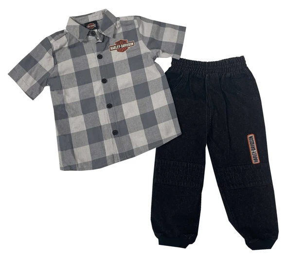 Harley-Davidson Baby Boys' 2-Piece Infant Plaid Shirt & Denim Pant Set - Gray - Wisconsin Harley-Davidson
