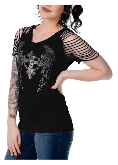 Liberty Wear Women's Embellished Archangel Laser Cut Short Sleeve Tee, Black - Wisconsin Harley-Davidson