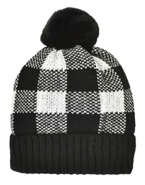 That's A Wrap Women's Buffalo Plaid & Pom Knit Winter Beanie Cap - White & Black - Wisconsin Harley-Davidson
