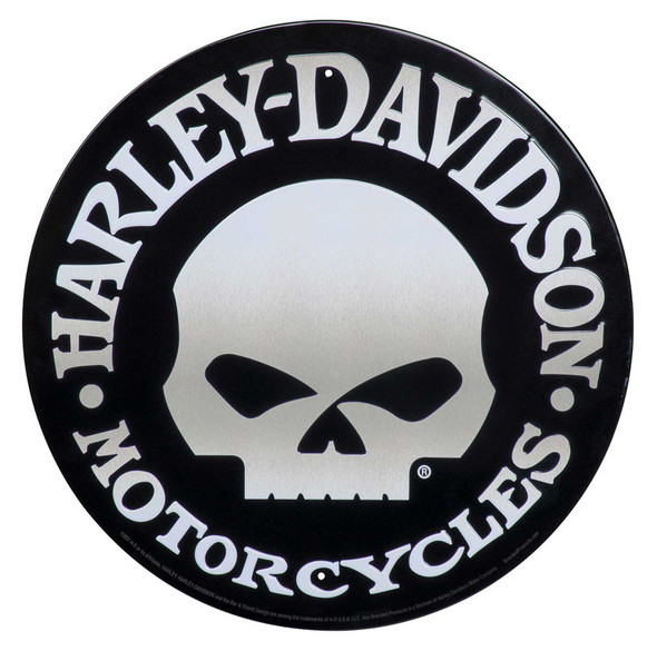Harley-Davidson Round Tin Sign, Brushed Silver Willie G Skull Logo - 12 inches - Wisconsin Harley-Davidson