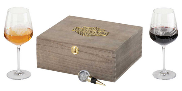 Harley-Davidson Premium Wine Gift Set - Two Wine Glasses, Stopper & Storage Box - Wisconsin Harley-Davidson