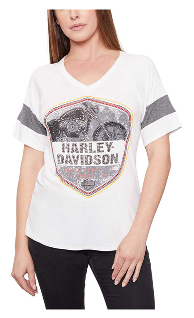 Harley-Davidson Women's Embellished Bike V-Neck Striped Short Sleeve Tee - White - Wisconsin Harley-Davidson