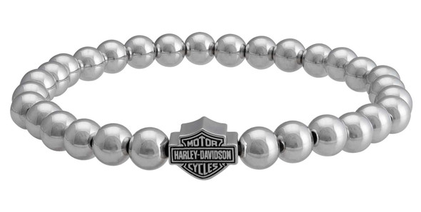 Harley-Davidson Women's Large Beaded Bar & Shield Stretch Bracelet - Silver - Wisconsin Harley-Davidson