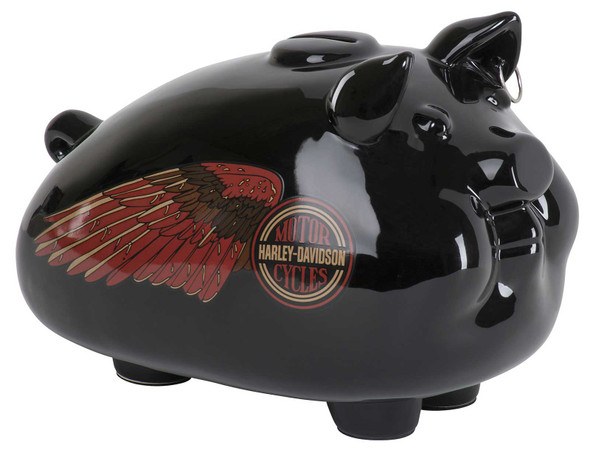 Harley-Davidson Ceramic 1981 Winged Tank Emblem Graphic Large Hog Bank - Black - Wisconsin Harley-Davidson