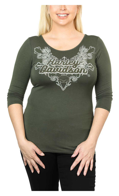 Harley-Davidson Women's Embellished Iron Flame 3/4 Sleeve Top - Olive Green - Wisconsin Harley-Davidson