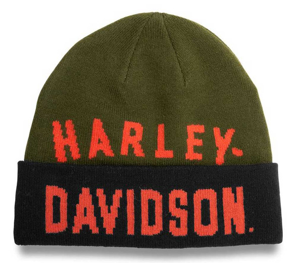 Harley-Davidson Men's Racer Font Contrast Cuff Knit Beanie Hat- Green 97619-22VM - Wisconsin Harley-Davidson